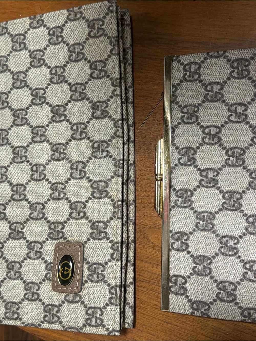 Gucci Beige and Brown GG Monogram Clutch and wallet Set with Gold-Tone Accents